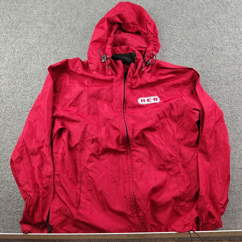 HEB Employee Windbreaker Jacket Mens Small Full Zip Hooded Red EUC